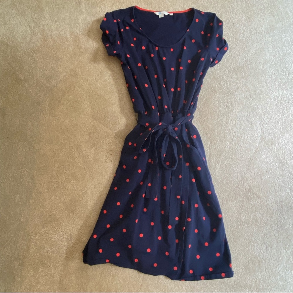 Boden Polka Dot Navy and Red Dress with Belt and Pockets size 6R
